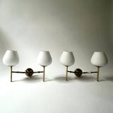 2 double wall lights in brass and white opaline glass, Arlus design 1950