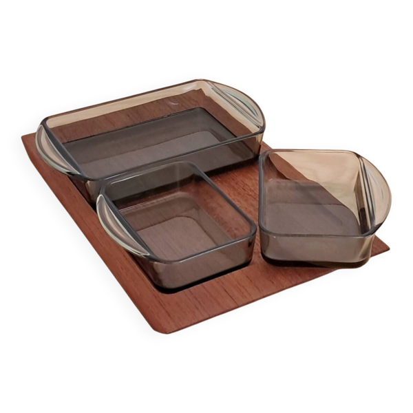 Service apéritif en teck et verre fumé – design scandinave années 60