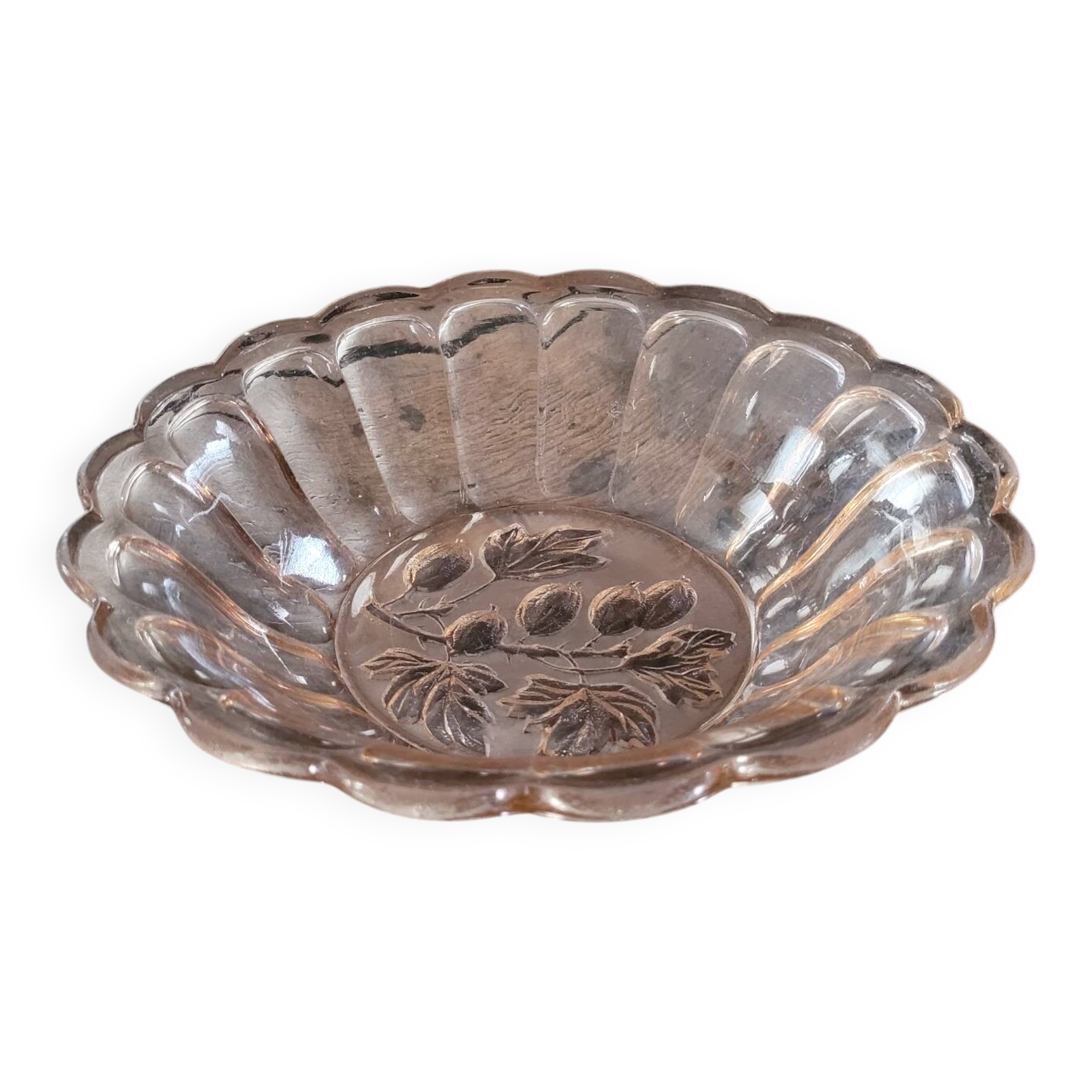 Pink molded glass bowl – embossed plant decoration – 1950s style
