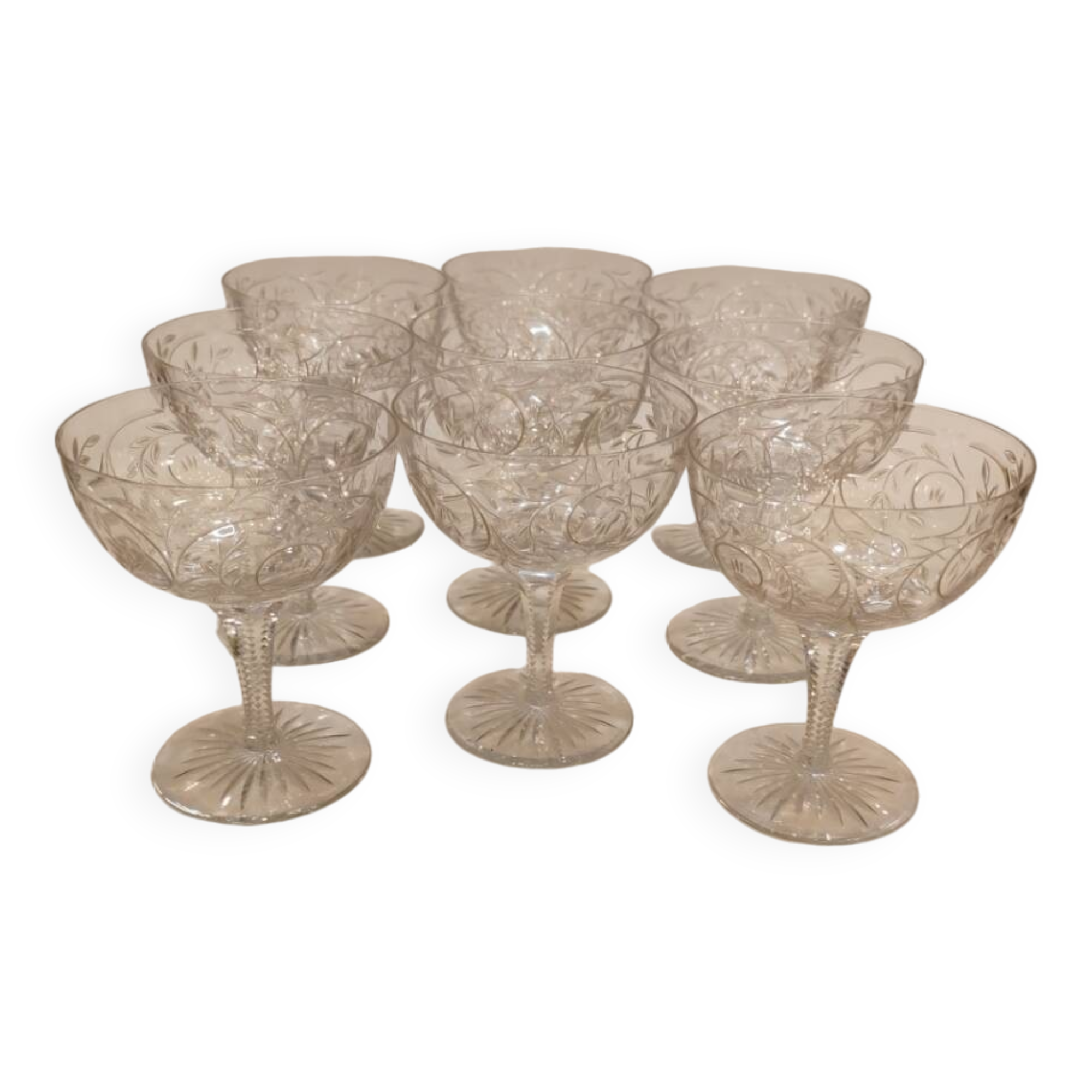 9 Clichy crystal champagne glasses, 19th century
