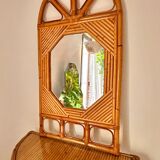 Curved half-moon console in rattan and bamboo with mirror by Vivai del Sud, Italy, 1960s.