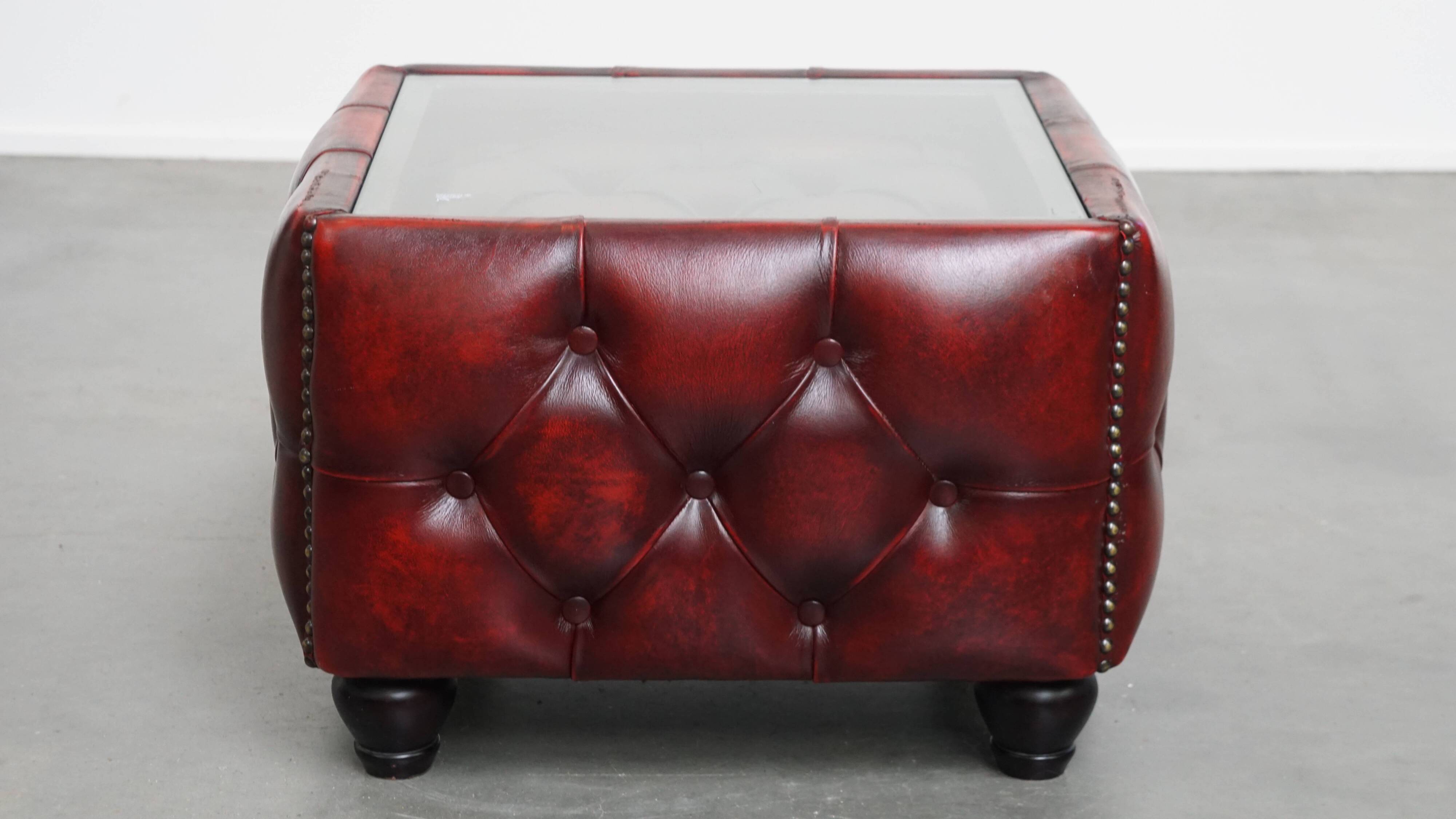 Red Cowhide Leather Chesterfield Side Table with Glass Top