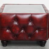 Red Cowhide Leather Chesterfield Side Table with Glass Top