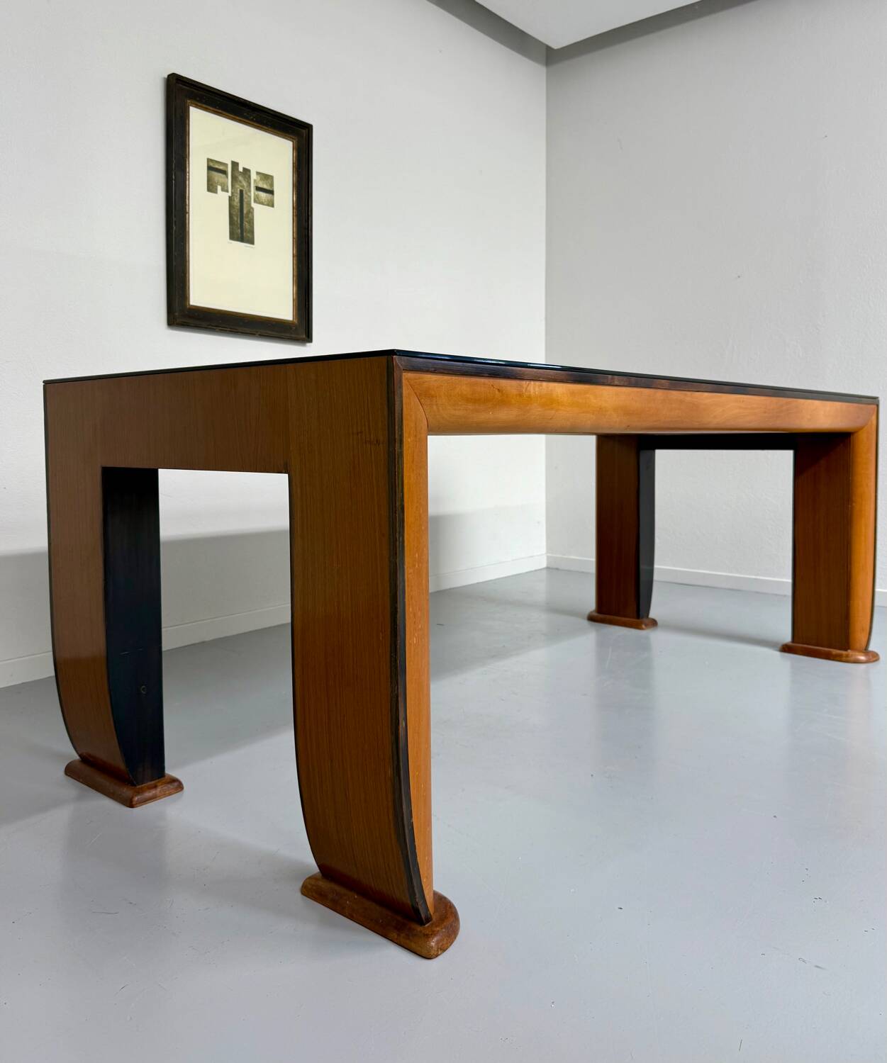 Antique wood and glass table, Art Deco Italian design, Borsani, 1940