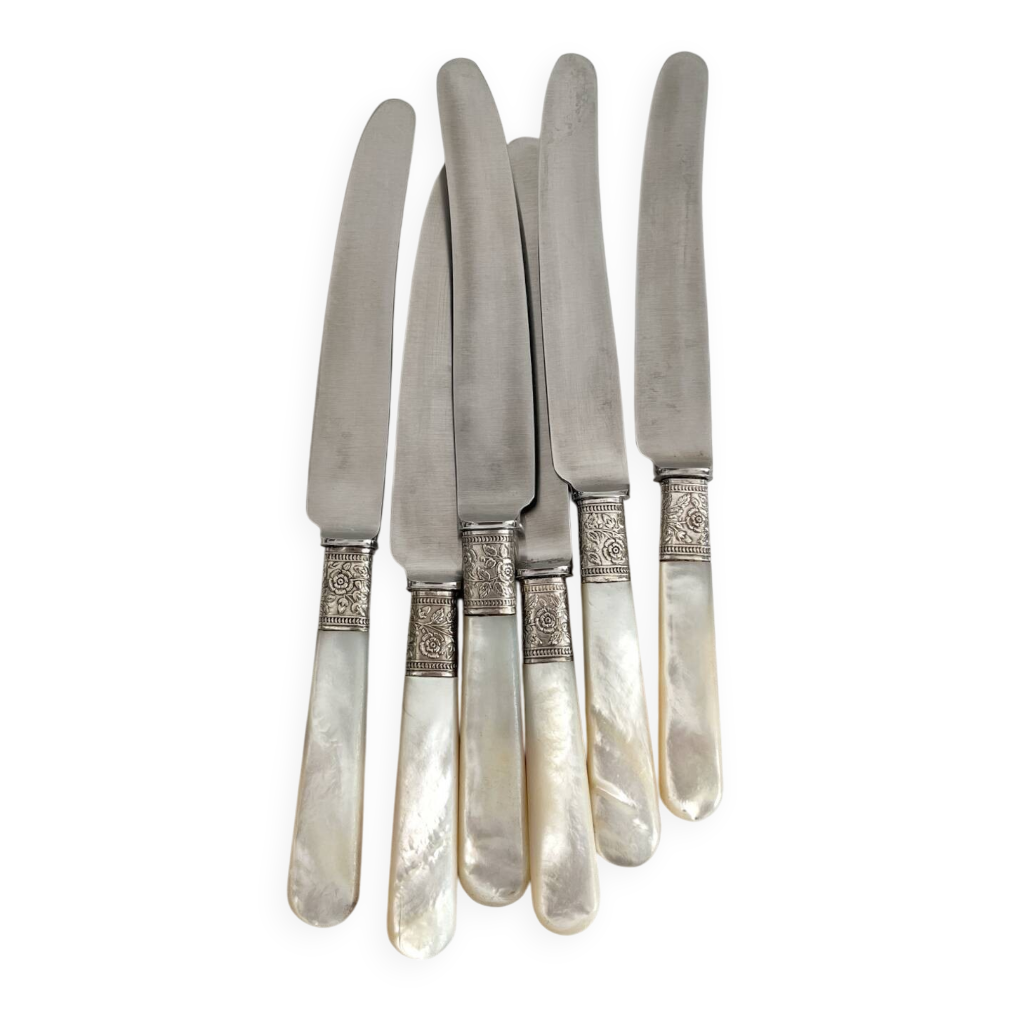 6 antique mother-of-pearl and silver-plated metal knives