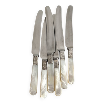 6 antique mother-of-pearl and silver-plated metal knives