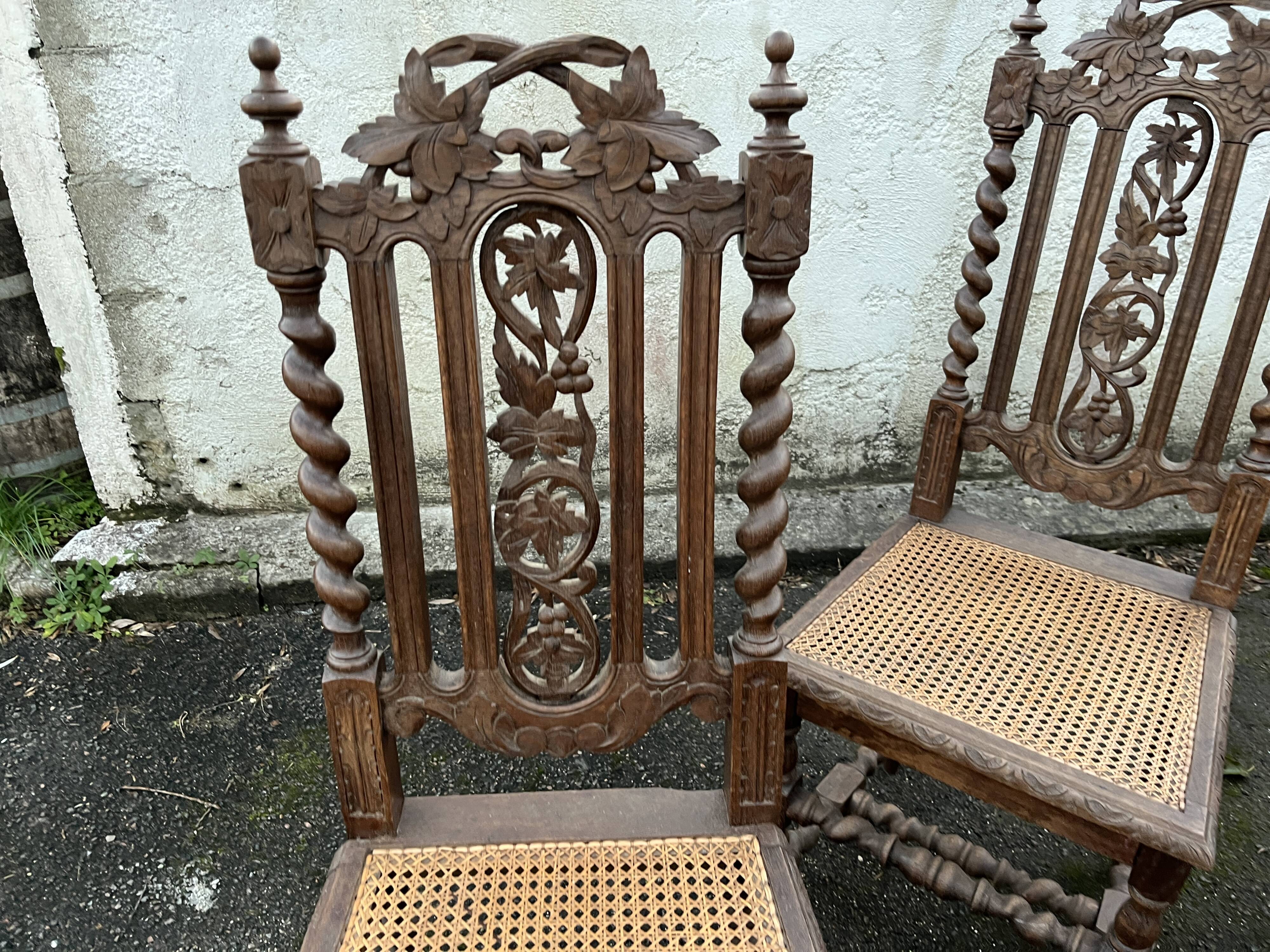 4 Henri II style chairs with twisted columns and cane seats