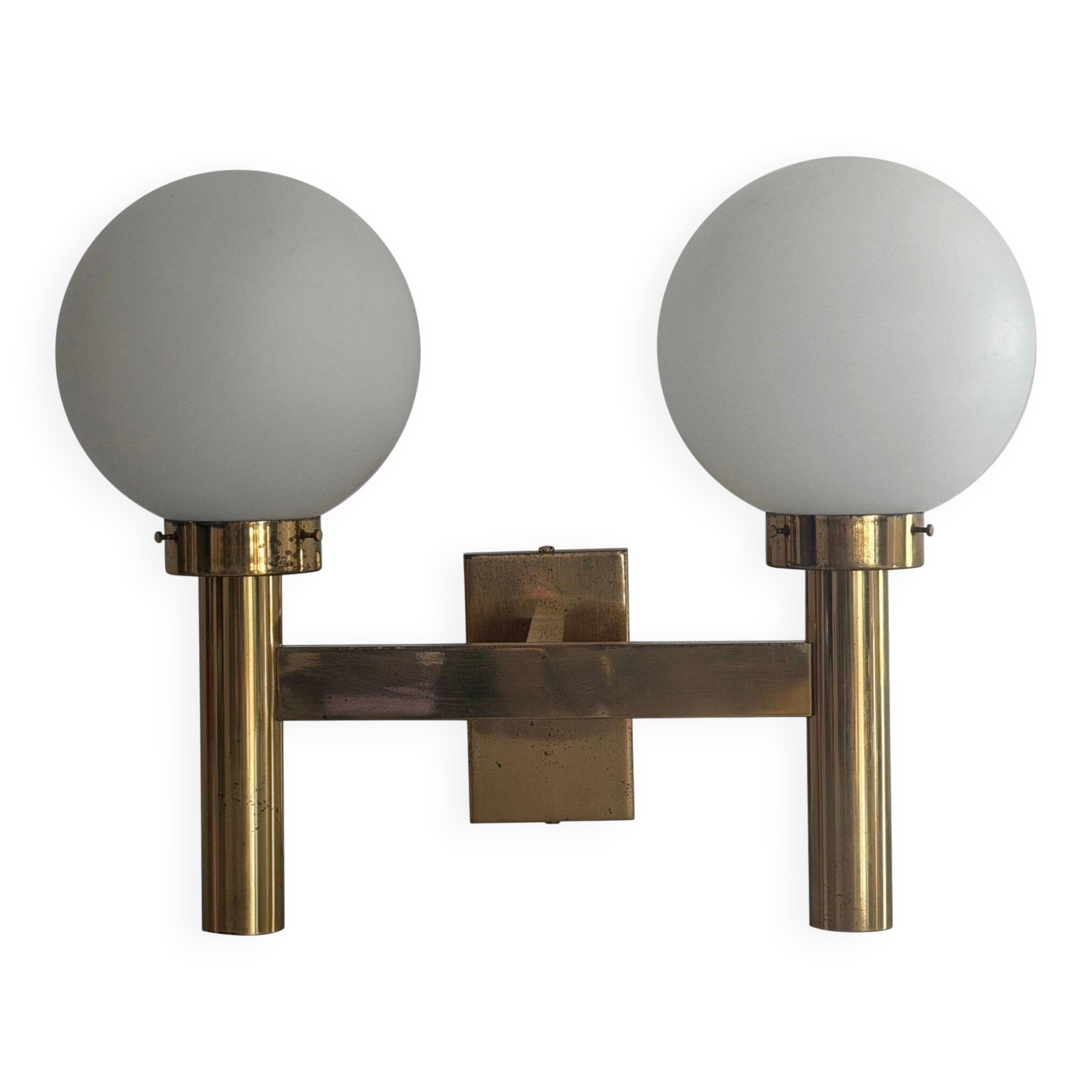 Double opal glass and heavy brass, large minimalist cinema wall light, 1960s, Germany