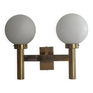 Double opal glass and heavy brass, large minimalist cinema wall light, 1960s, Germany