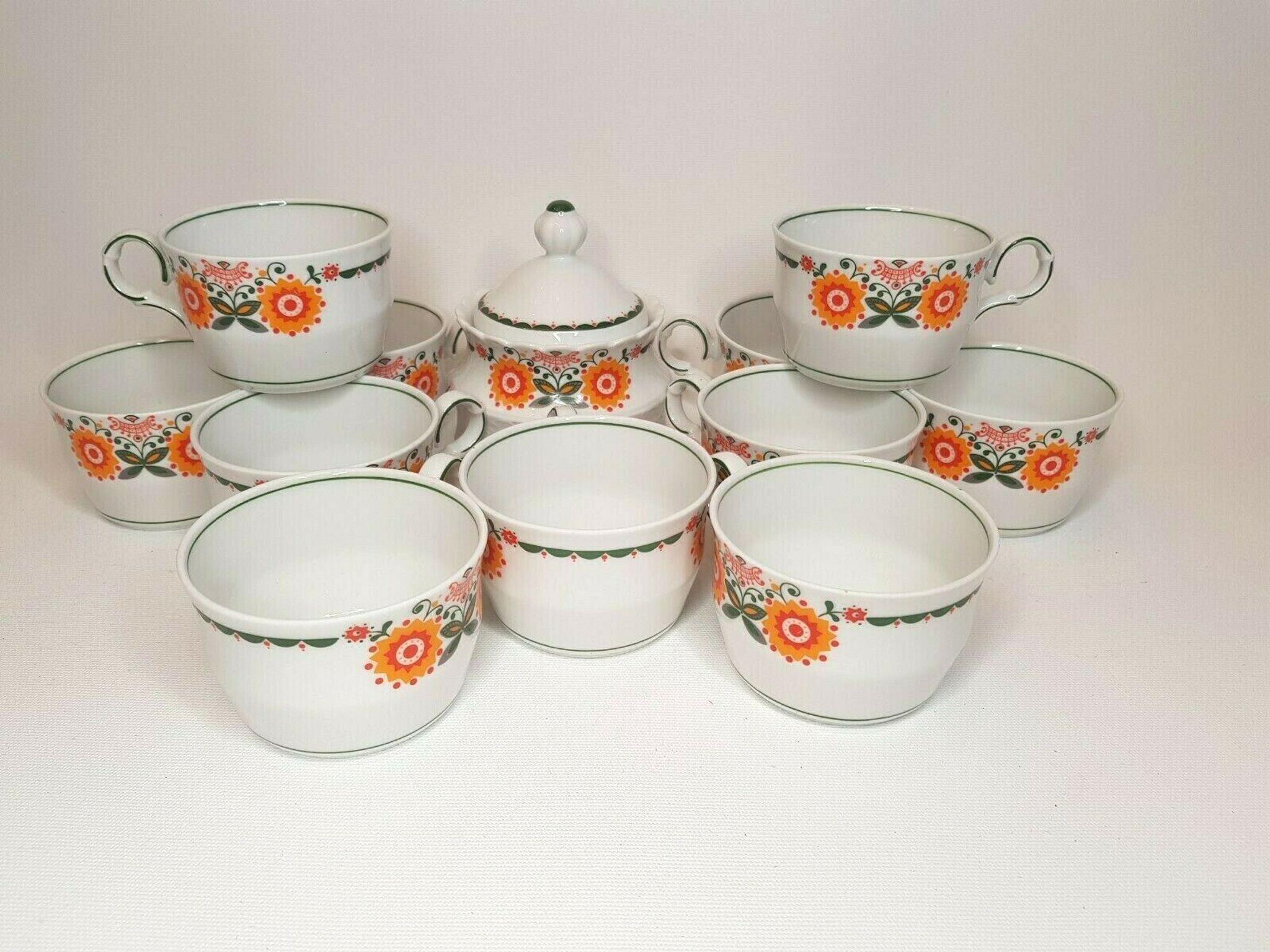 11 cups coffee and sugar pot décor lotus orange 70s