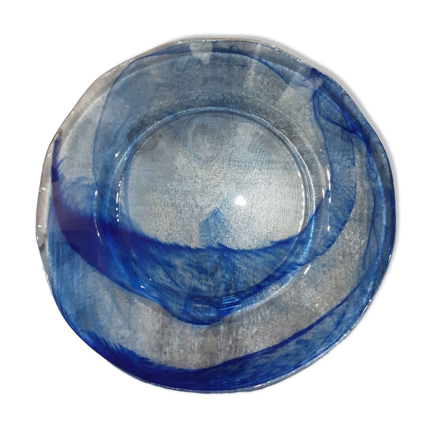 Large round blue crystal dish