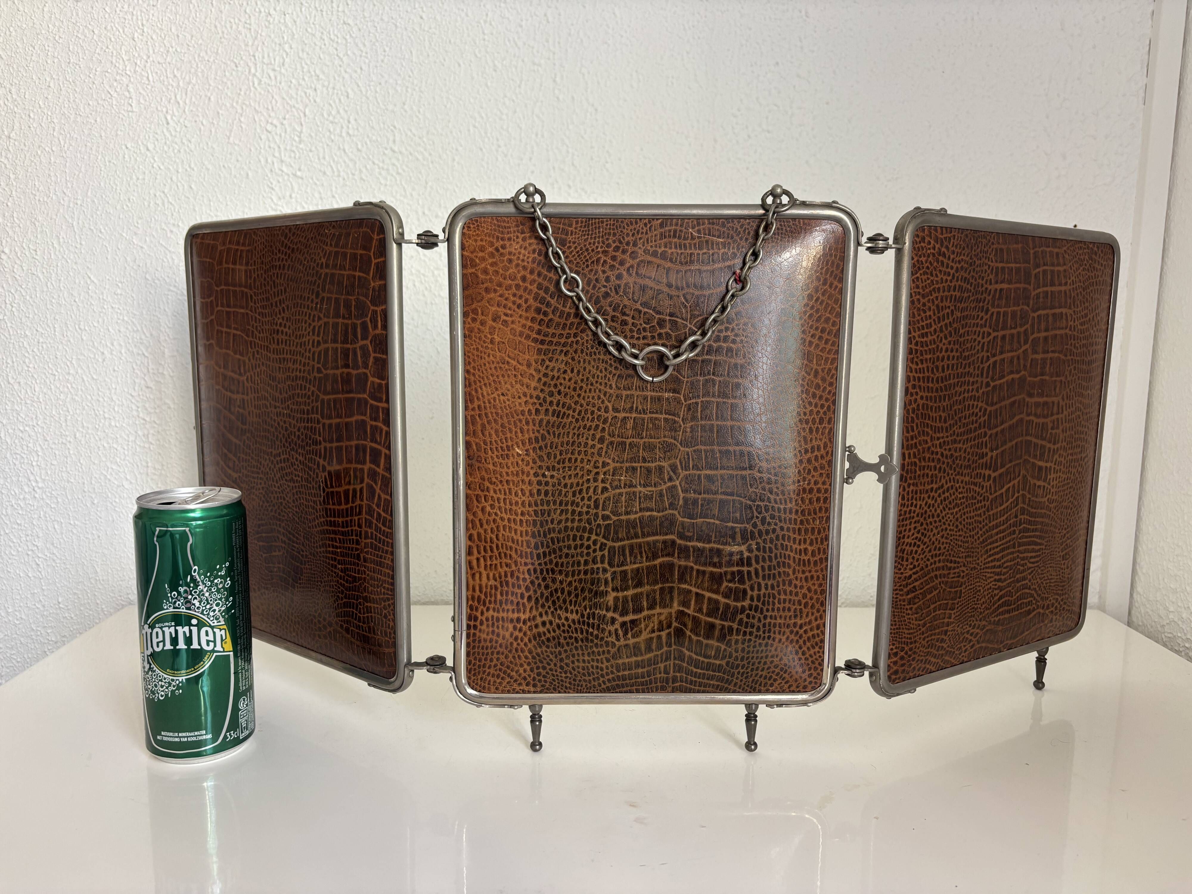 Vintage 1930s triptych barber mirror crocodile crystal - 30x69 cm