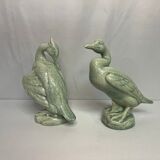 Art Deco Pair cormorants cracked ceramic signed circa 1940
