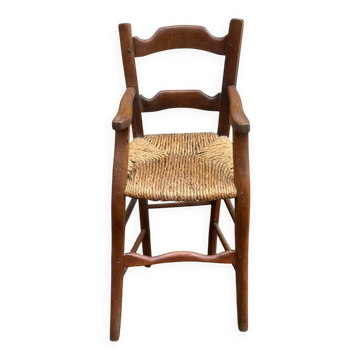 Child's high chair booster from the 19th century in solid wood with straw, 88cm.