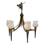 Bronze and brass chandelier set with 6 opalines + 3 appliques