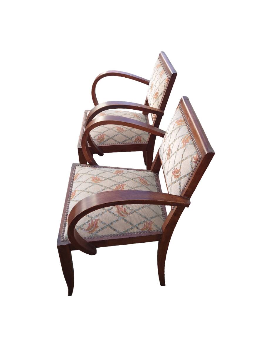 Pair of bridge armchairs in wood and fabric, 1940