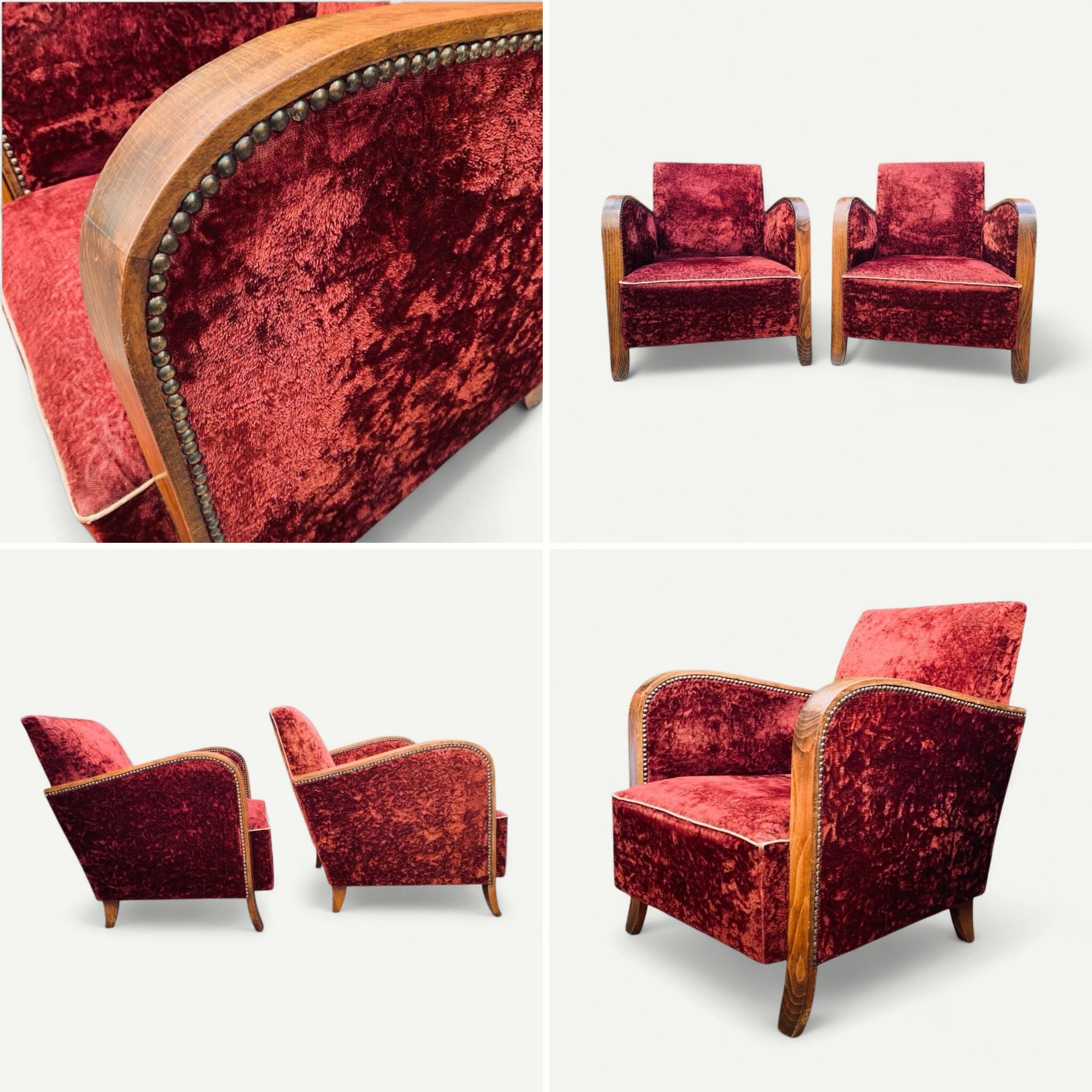 Pair of Art Deco club armchairs in burgundy red velvet, 1930s