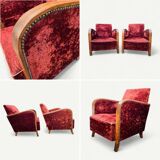 Pair of Art Deco club armchairs in burgundy red velvet, 1930s
