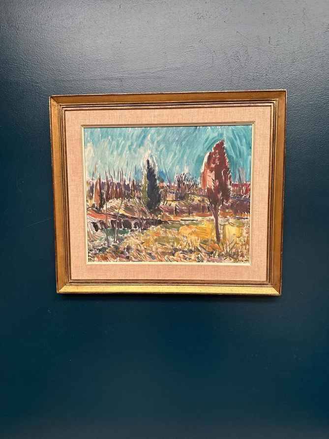 Huile su panneau suédoise – “Landskap” par A. Roos – Signée – Vintage