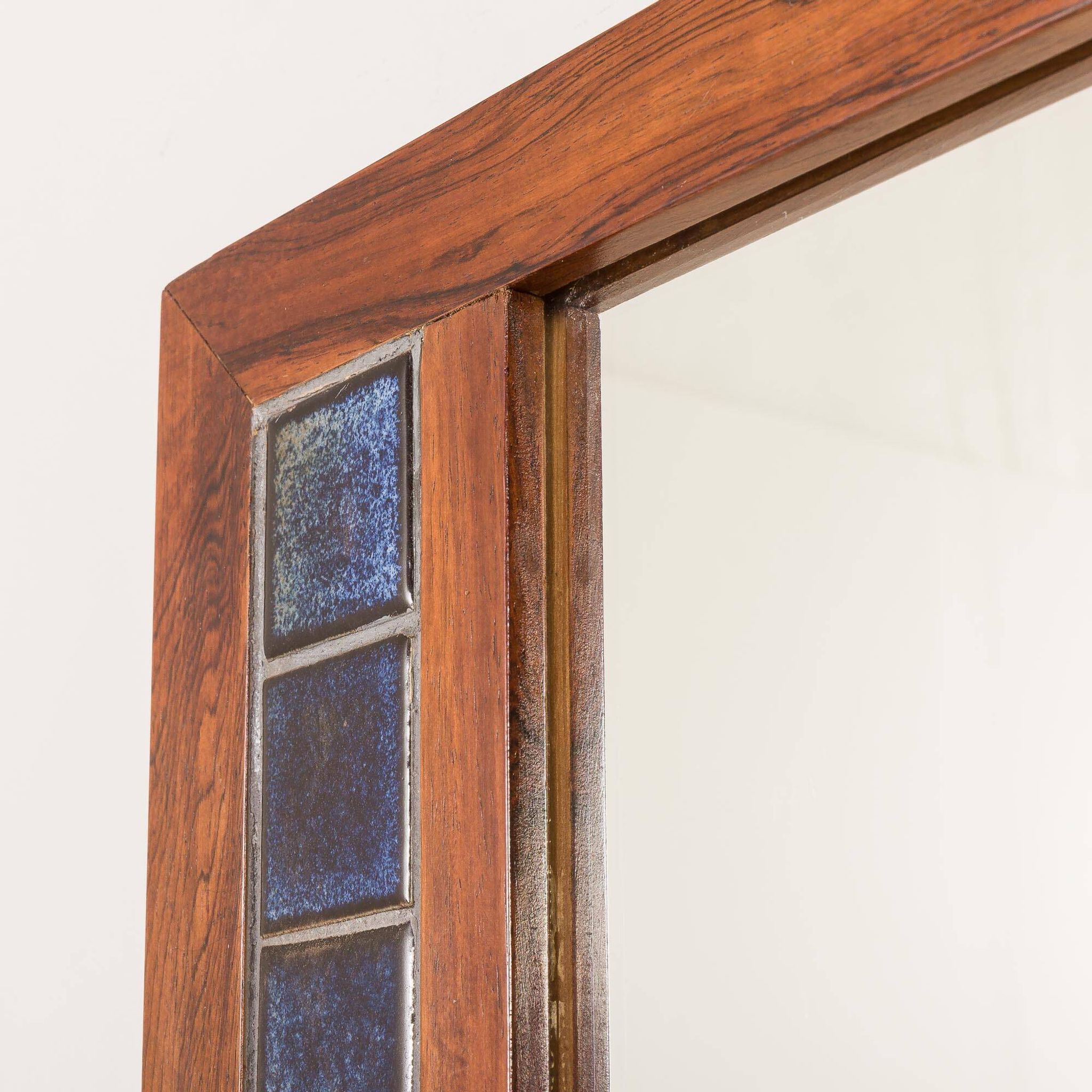 Scandinavian mid century XL rosewood wall mirror with blue tiles, 1970s