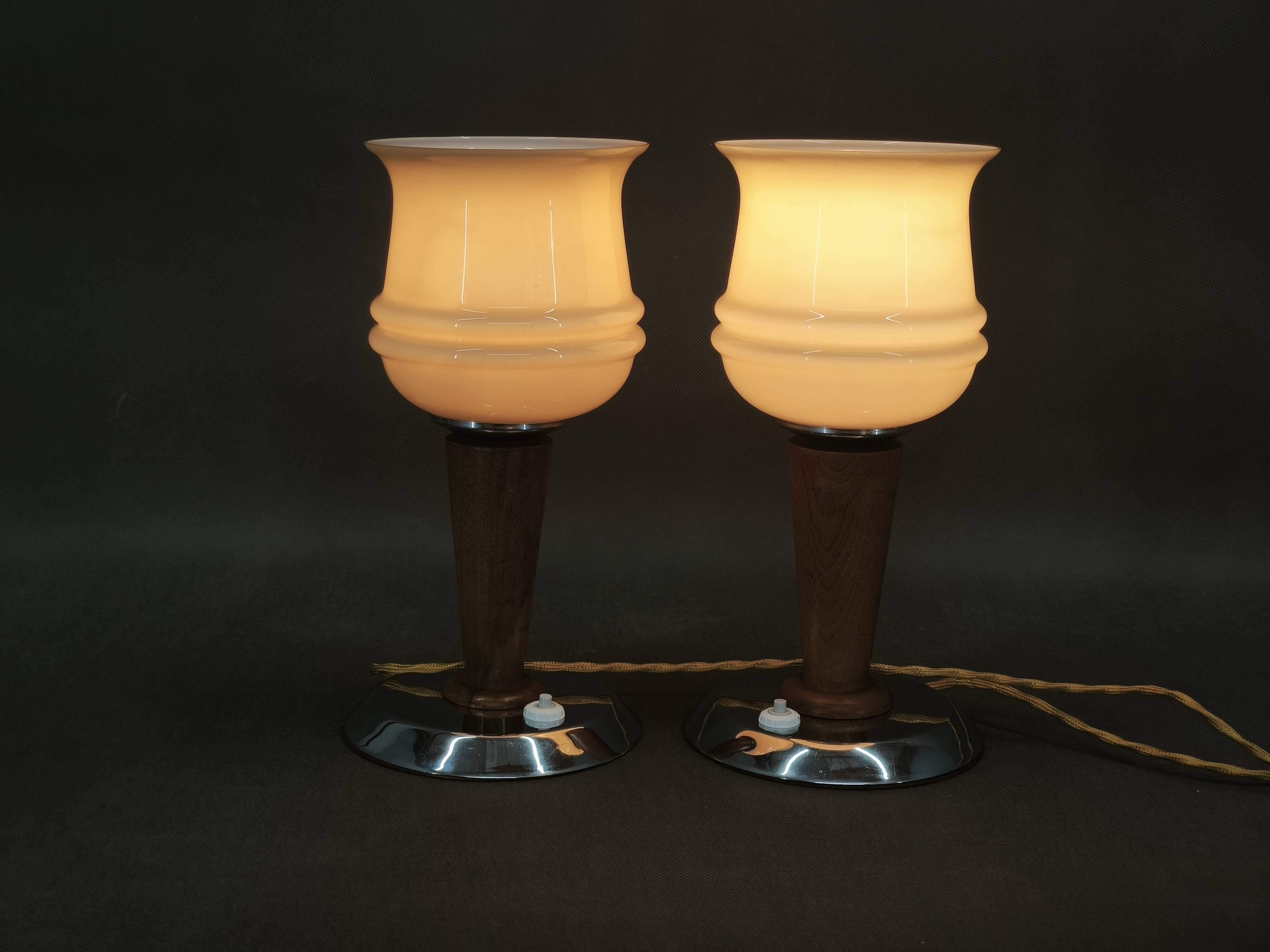 Pair of Italian Opaline Glass, Wood and Chrome Table Lamps, 1950s