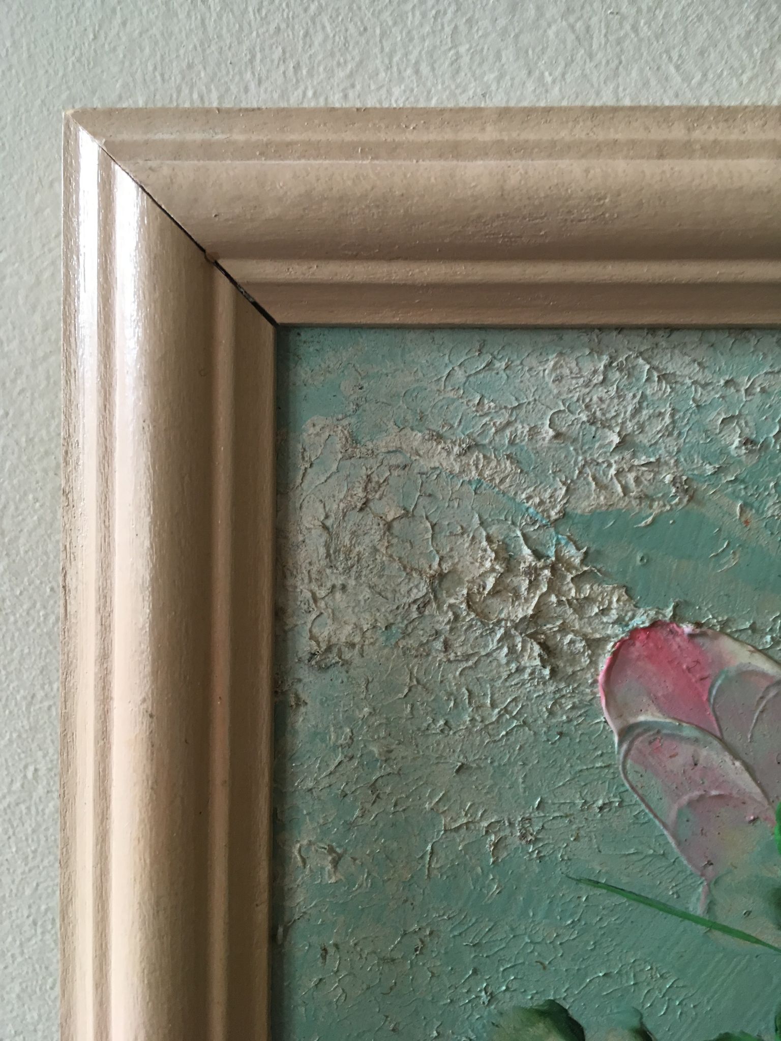 Painting painting in powder pink oil, blue-green