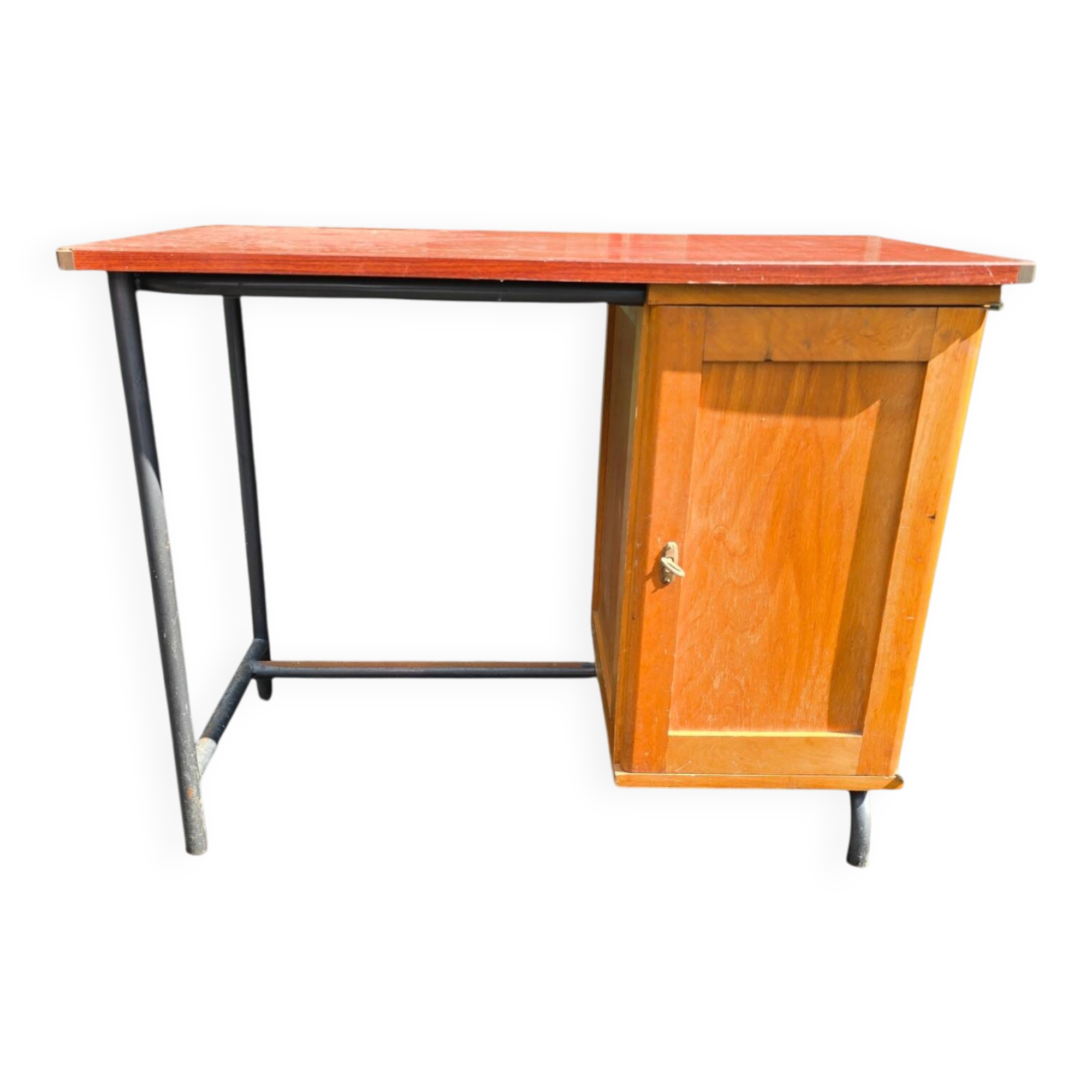 Vintage 1950s desk in red Formica, wood and metal.