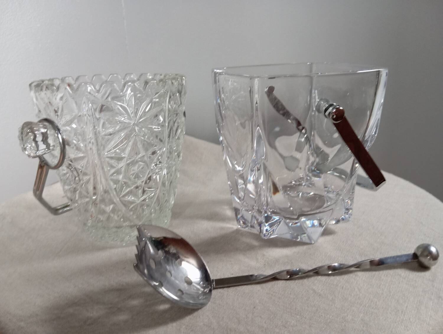 Duo of crystal ice buckets, silver metal, vintage