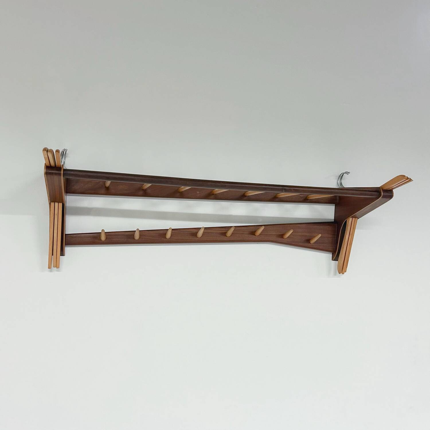 Vintage Wall Coat Rack in Two-tone Wood by Electrimeufa, 1960s – With Coat Hangers