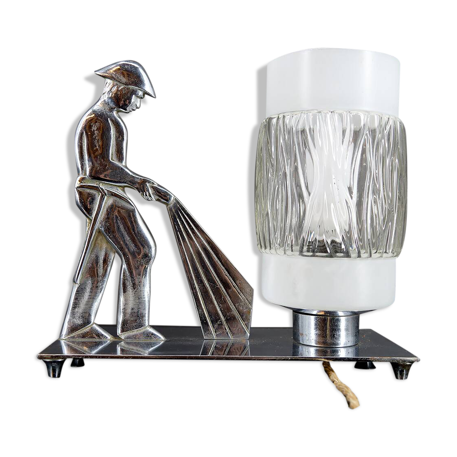 Rare Art Deco "Fire Soldier" Chromed Bronze Lamp, Poland, 1950-60