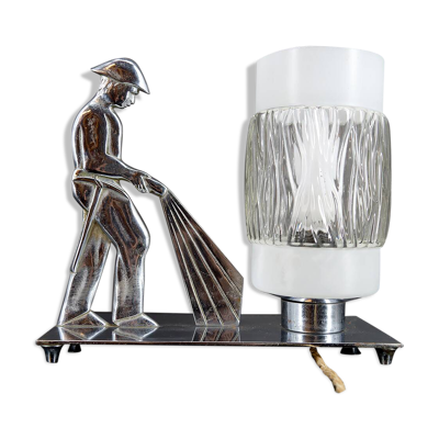Rare Lampe en Bronze Chromé ''Soldat du Feu'' Art Déco, Pologne, 1950-60