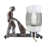 Rare Art Deco "Fire Soldier" Chromed Bronze Lamp, Poland, 1950-60