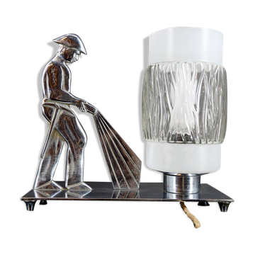 Rare Art Deco "Fire Soldier" Chromed Bronze Lamp, Poland, 1950-60