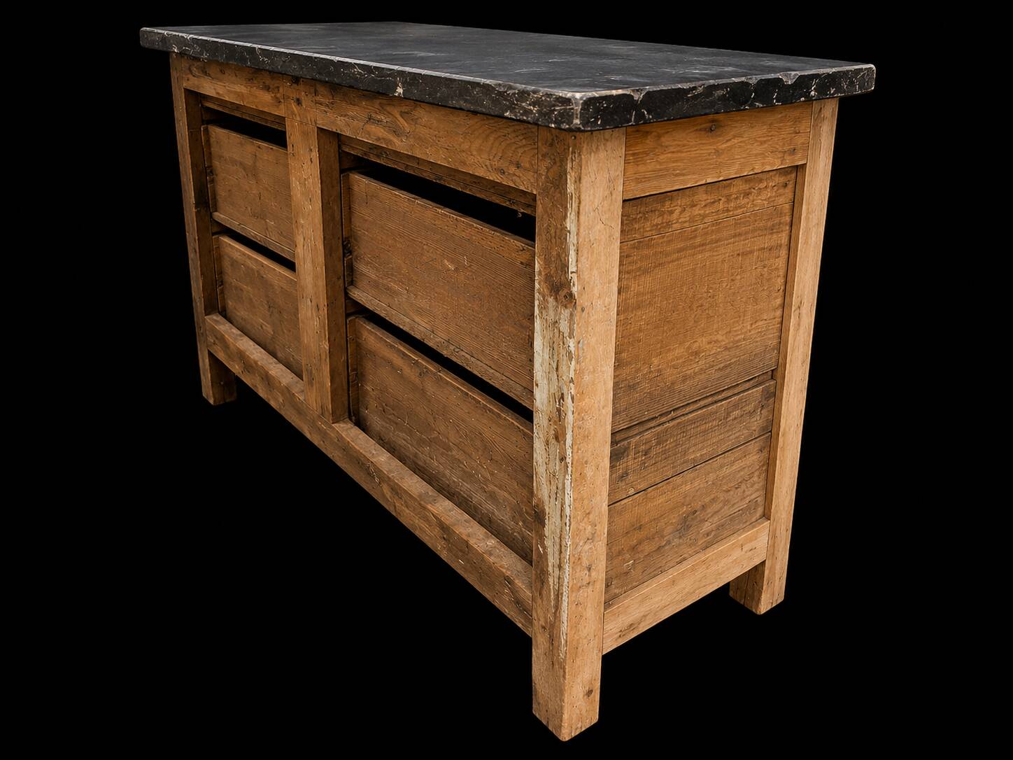 Old wooden workshop furniture with a stone top.