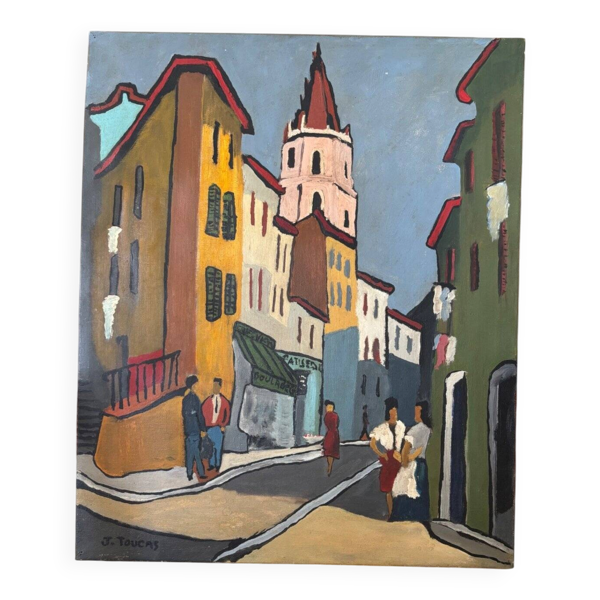Tableau huile sur toile Marseille signée J. Toucas 1964 style fauvist