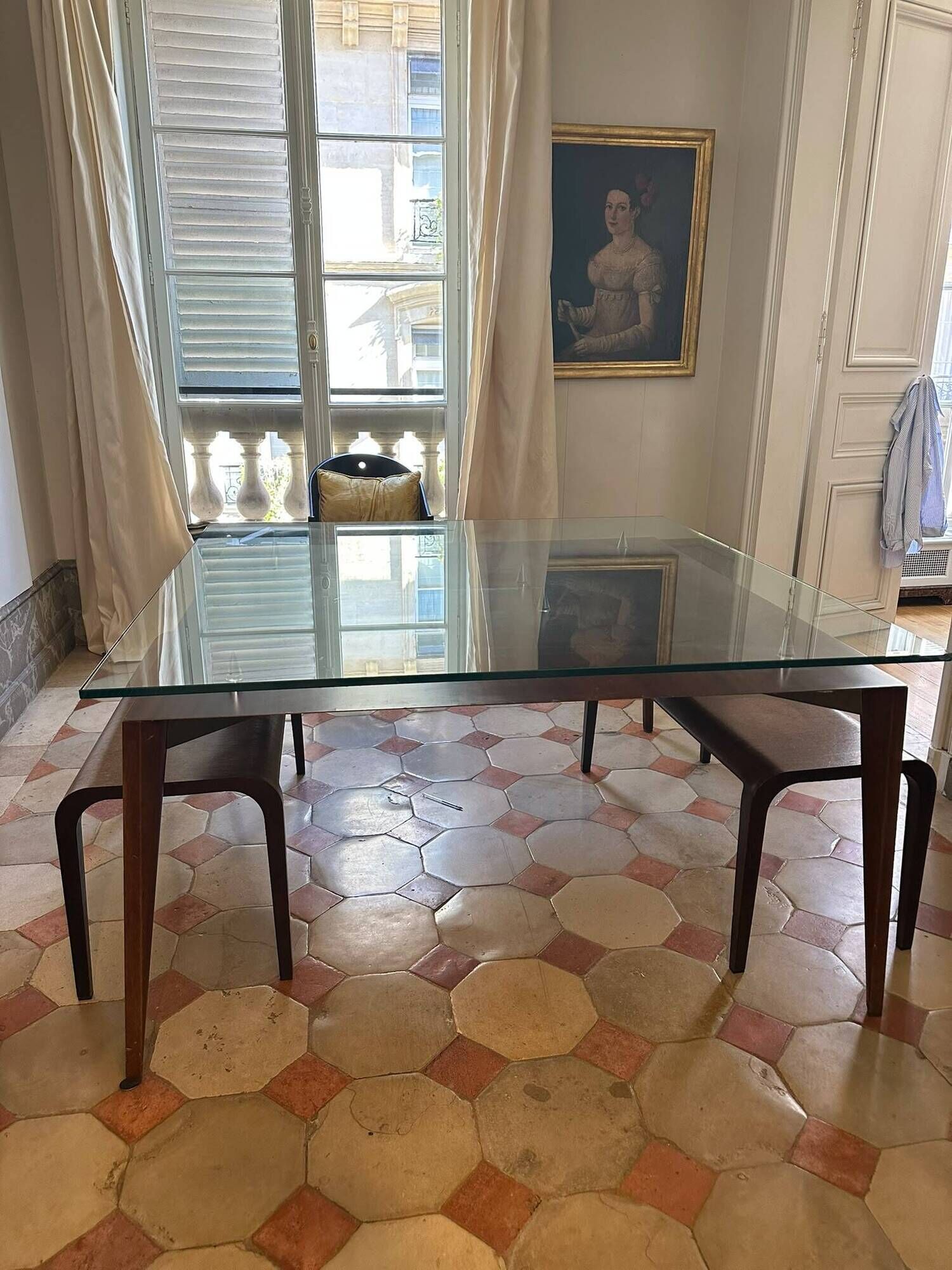Dining table glass and wood. Italian vintage from the 80s.