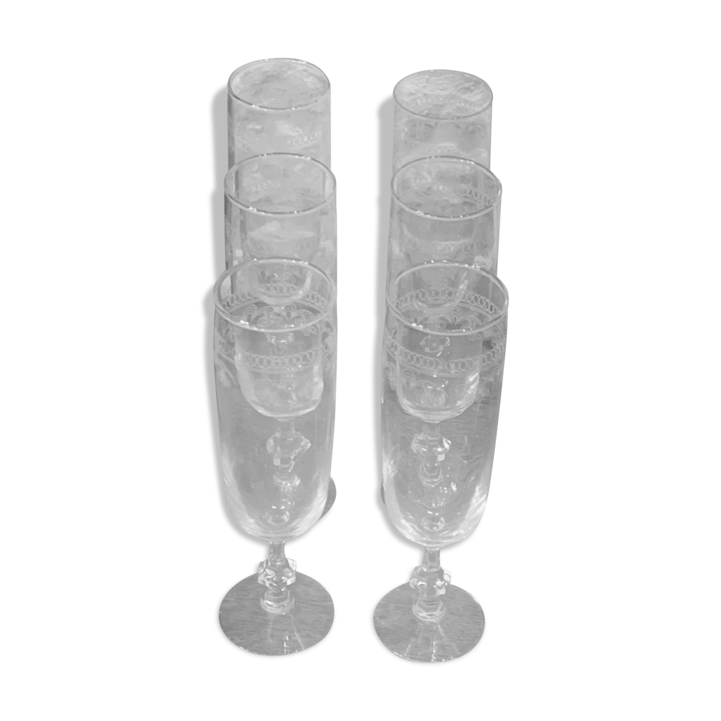 6 chiseled champagne flutes on vintage floral frieze pattern