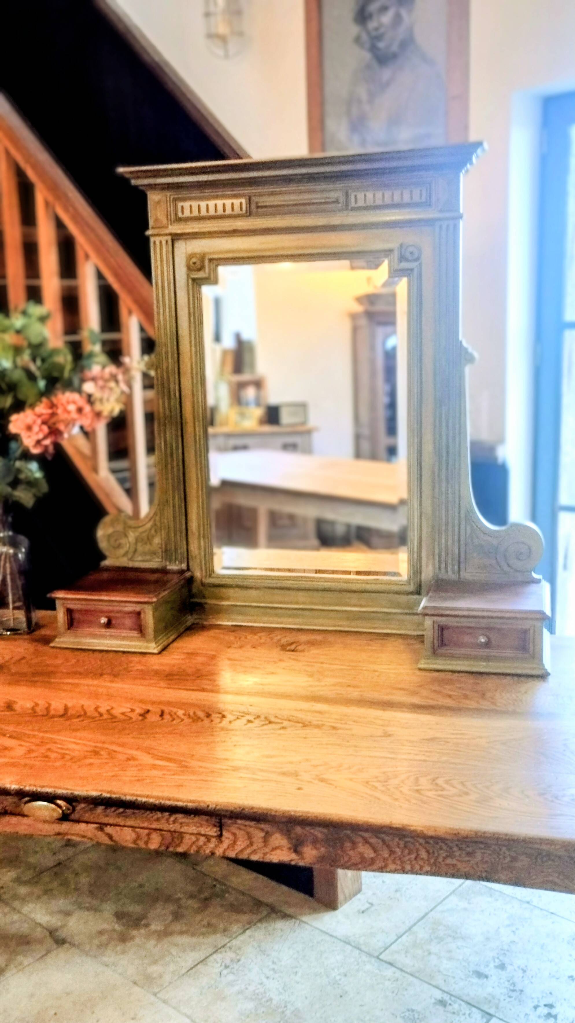 Antique bevelled mirror Farrow and Ball "Green Bancha"