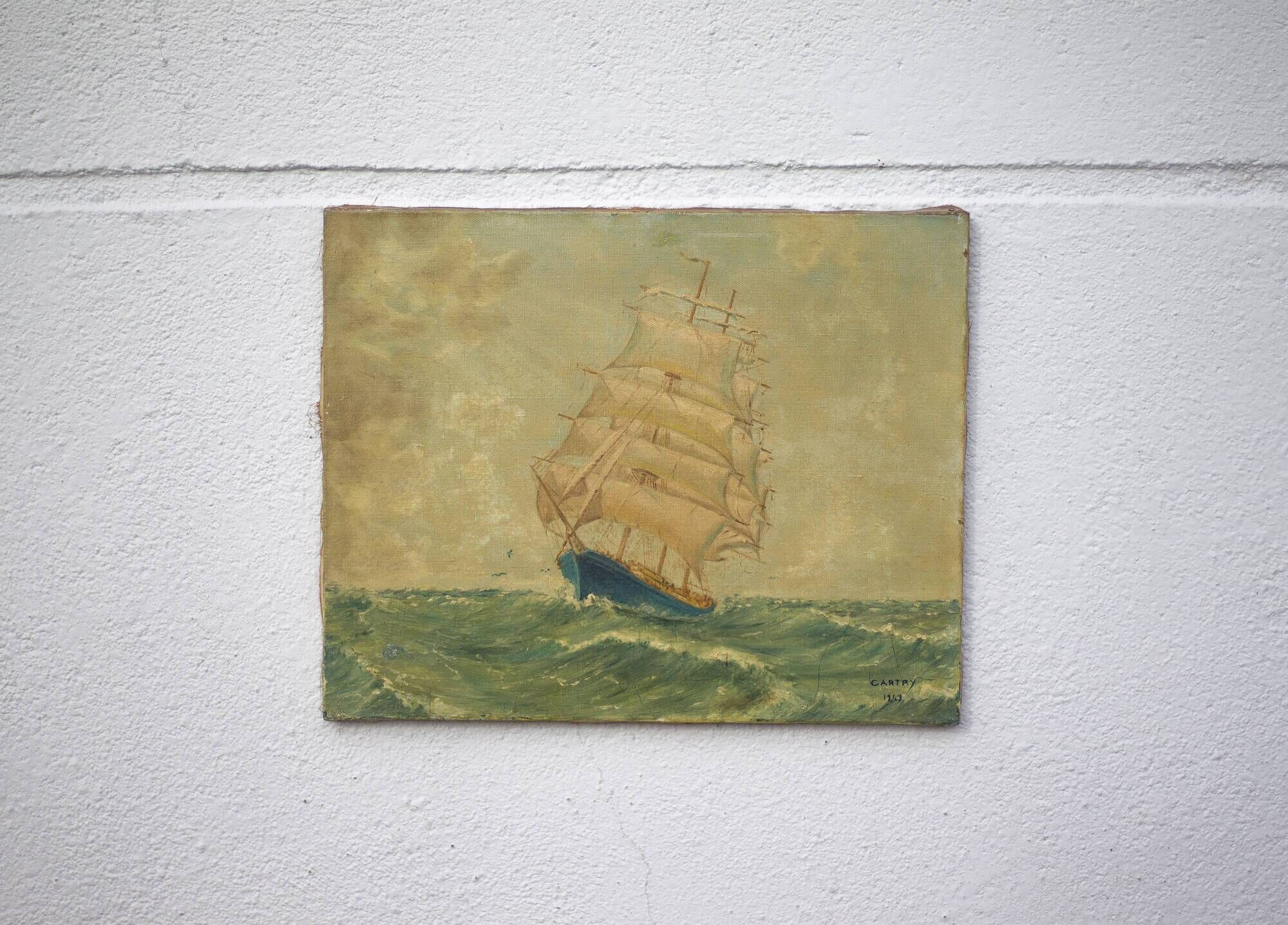 Signed marine painting, oil painting, ship at sea, wall decoration, 40's