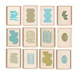 Collection of 12 framed paintings on paper, cool colours.