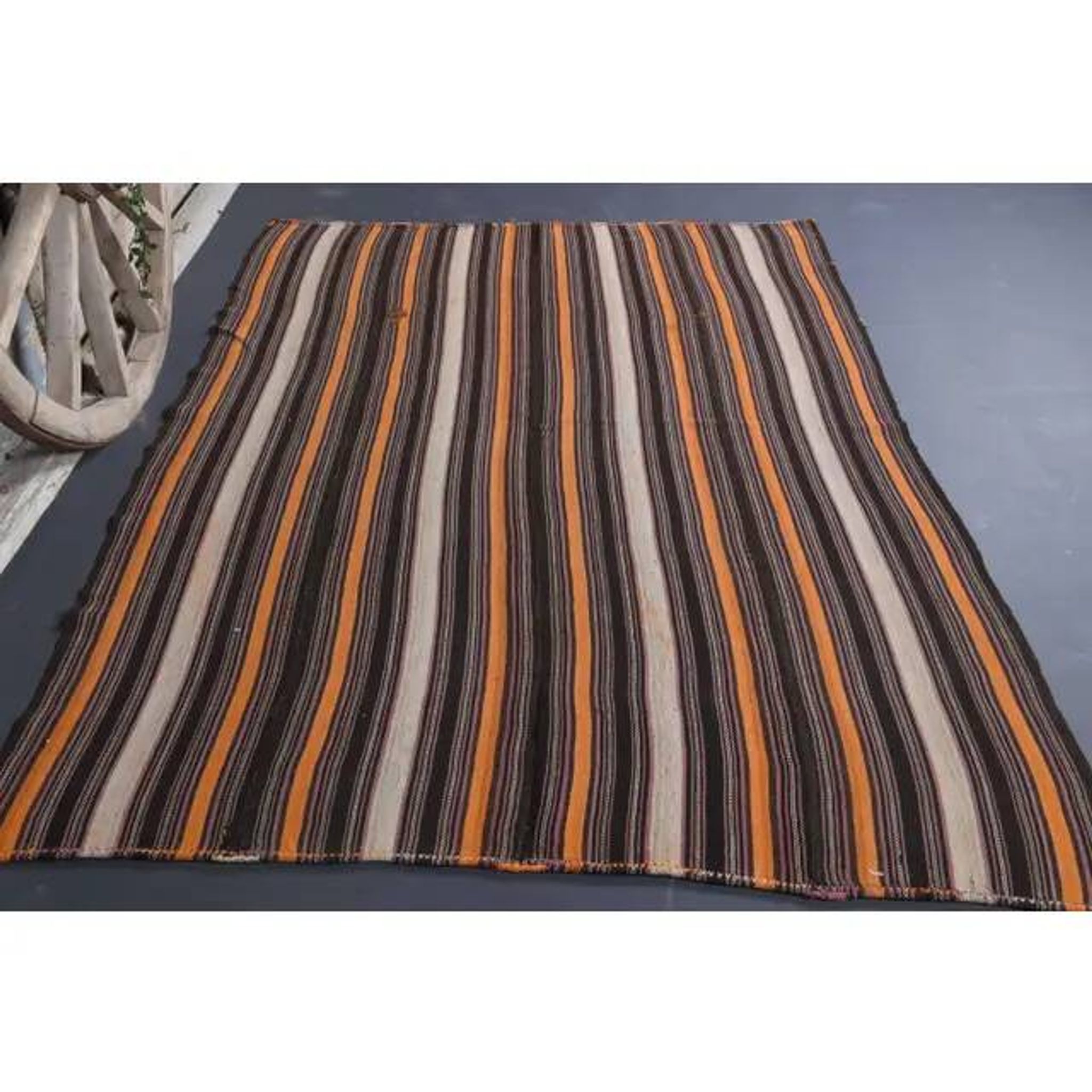 Vintage Turkish Hand-Knotted Wool Cotton Brown Kilim Area Rug 167x255