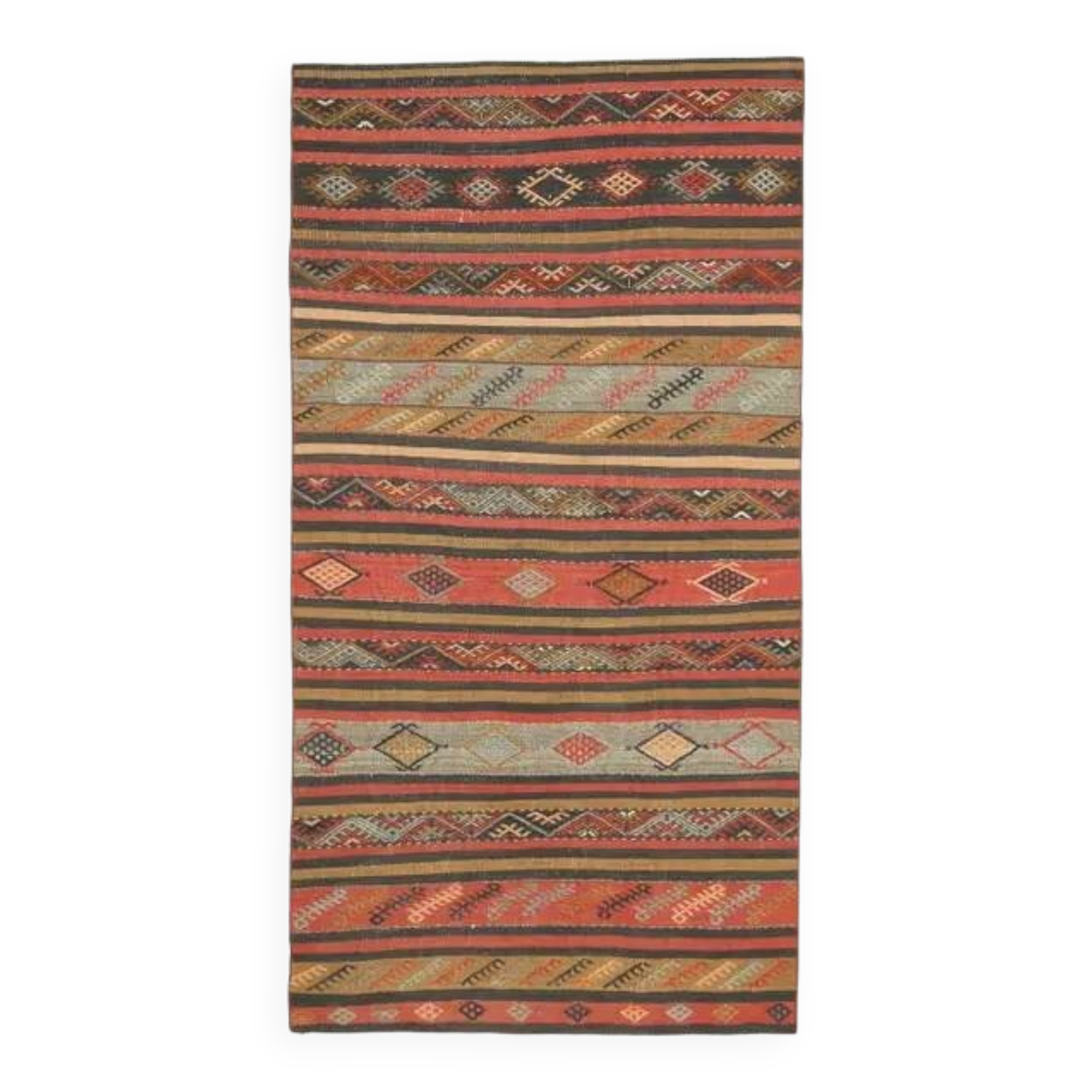 1970s Vintage Turkish Hand-Knotted Wool Cotton Red Runner Rug 117x227
