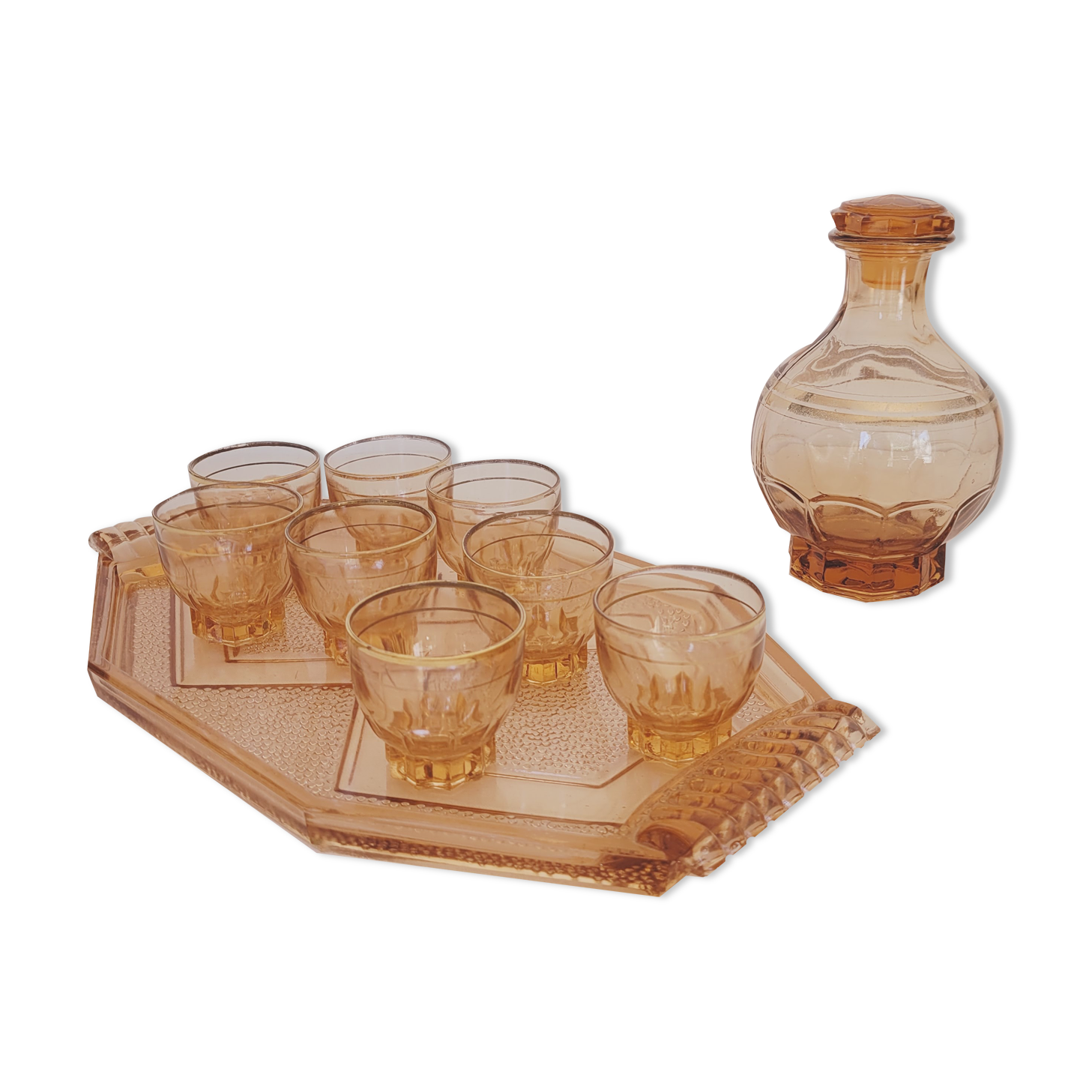 Pink glass liquor set carafe, glass and tray