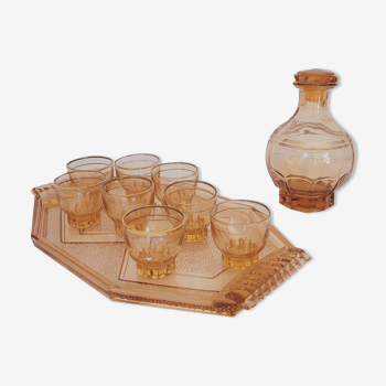 Pink glass liquor set carafe, glass and tray