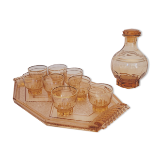 Pink glass liquor set carafe, glass and tray