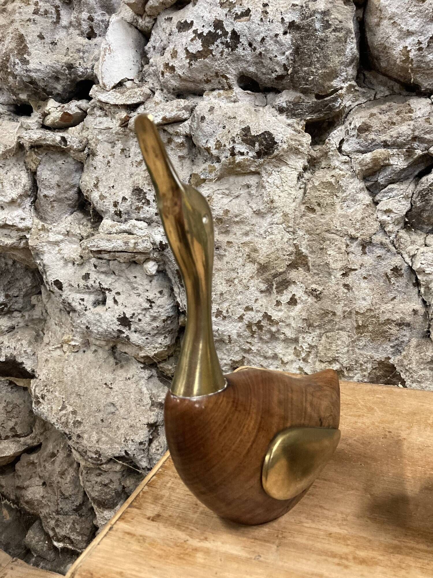 Pair of duck or swan in wood and brass sculpture