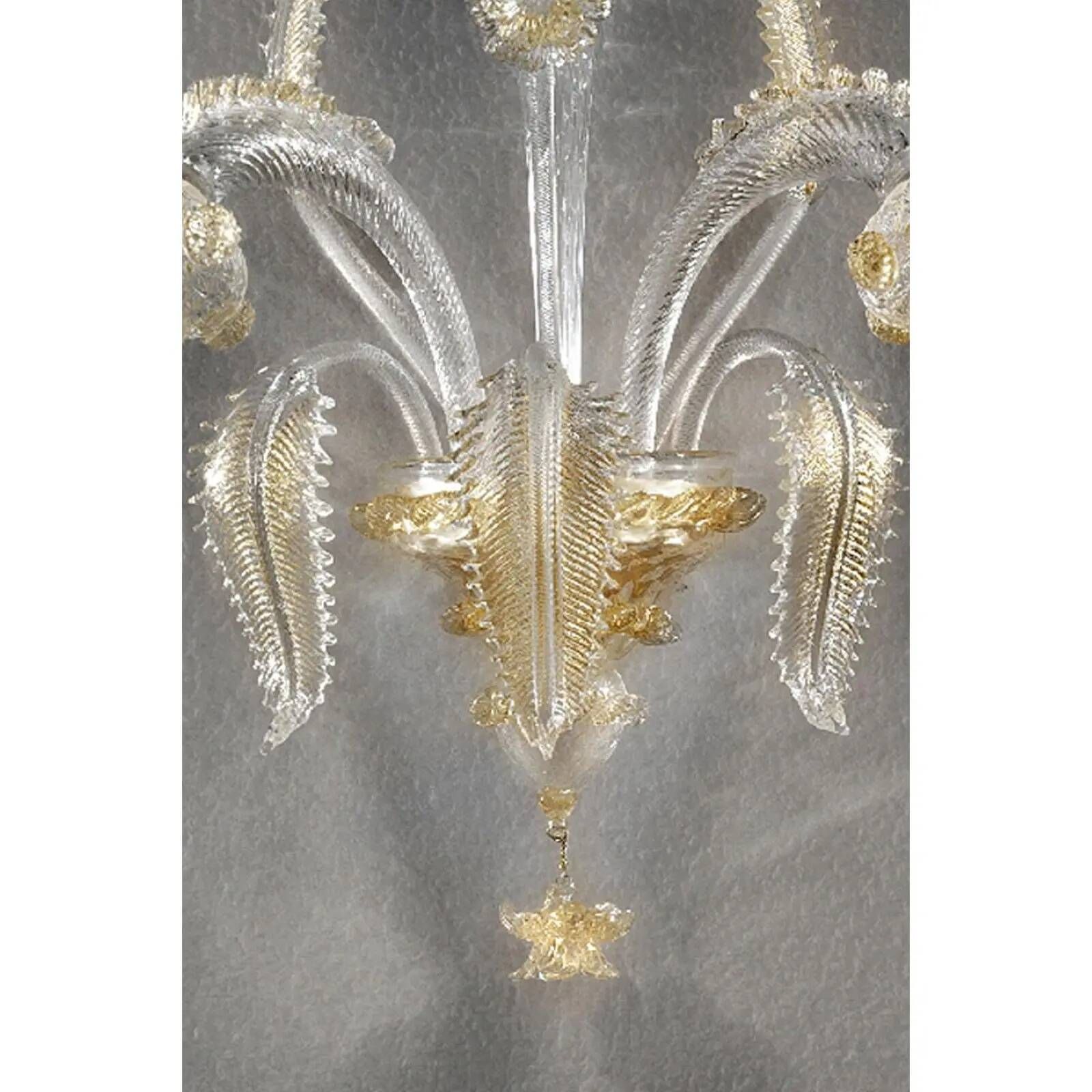 Italian Luxury Wall Sconce in Clear Murano Glass With Gold Floral Motifs