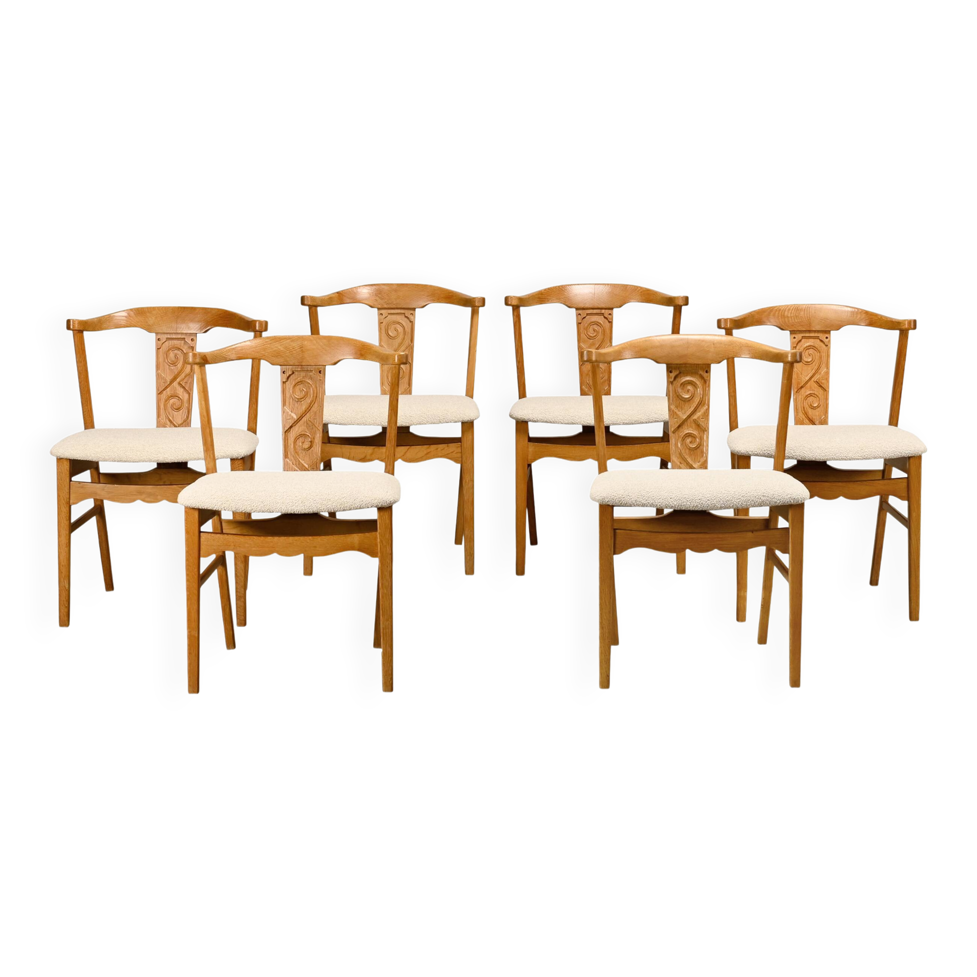 Brutalist Dining Chairs in style of Henning Kjærnulf in Oak and Bouclé