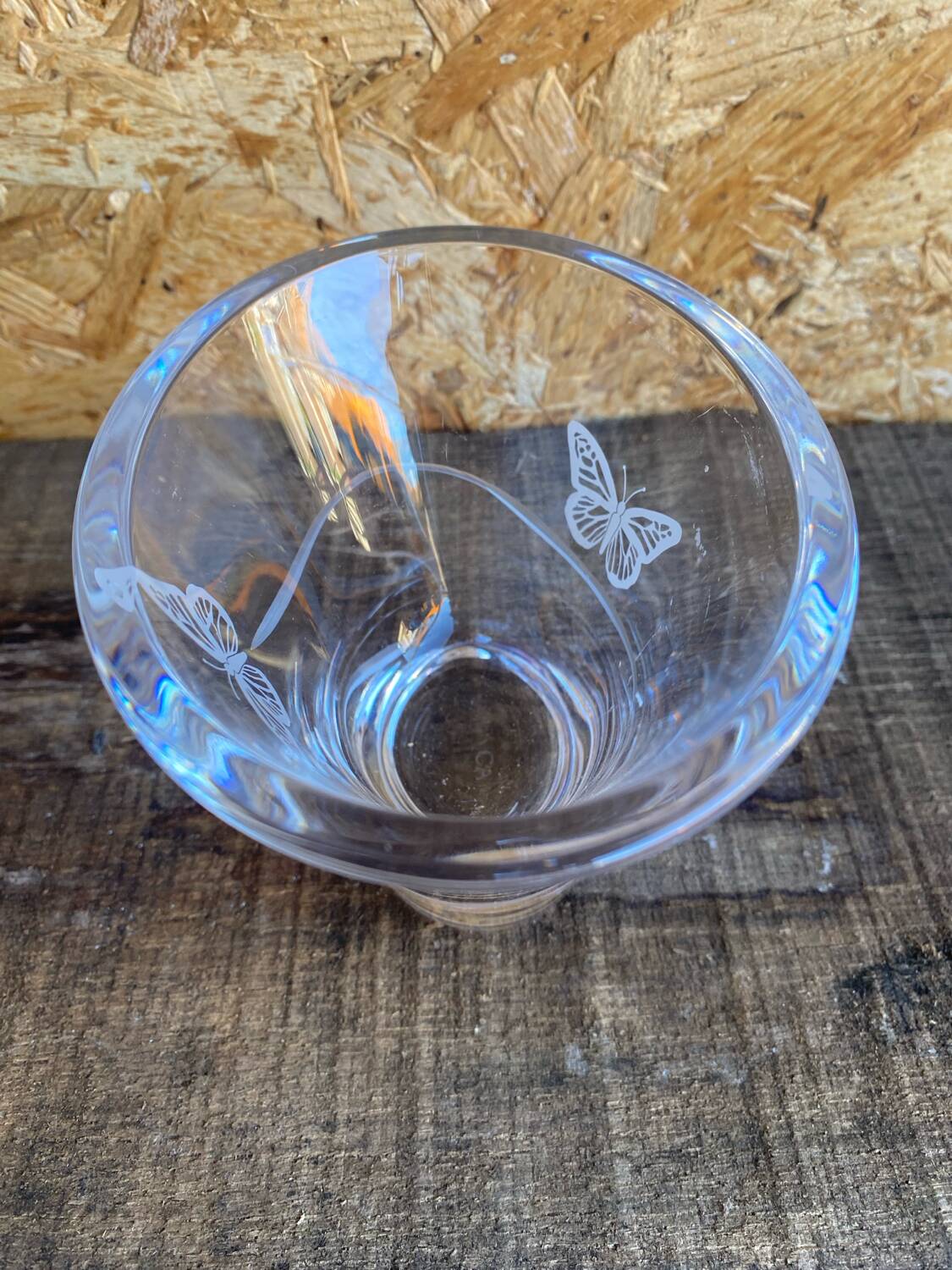 Old cut crystal d'arques pocket bowl with engraved butterfly decoration vintage