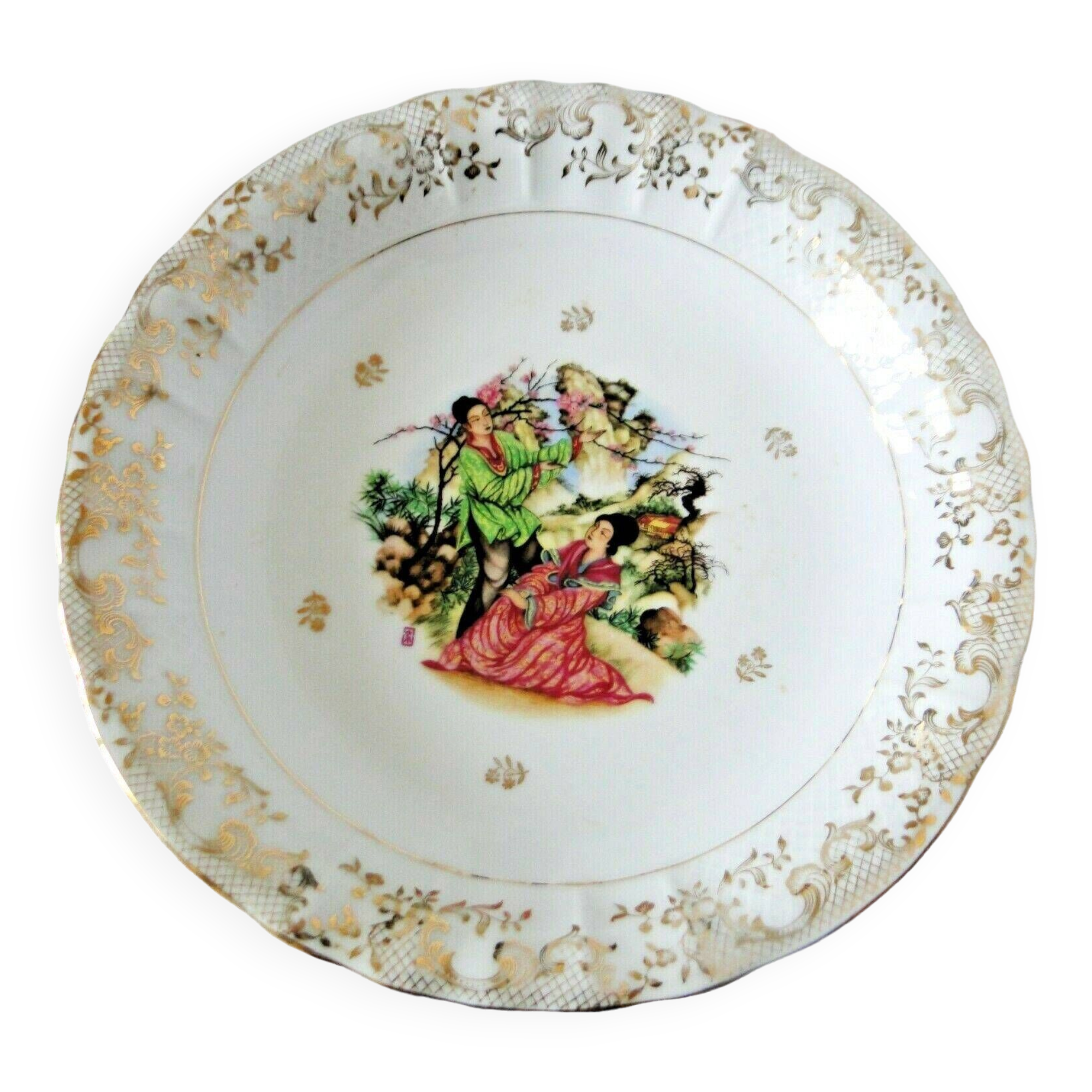 B&C° Bernardaud Limoges fruit bowl with golden frieze, Japanese decor, 24cm N56